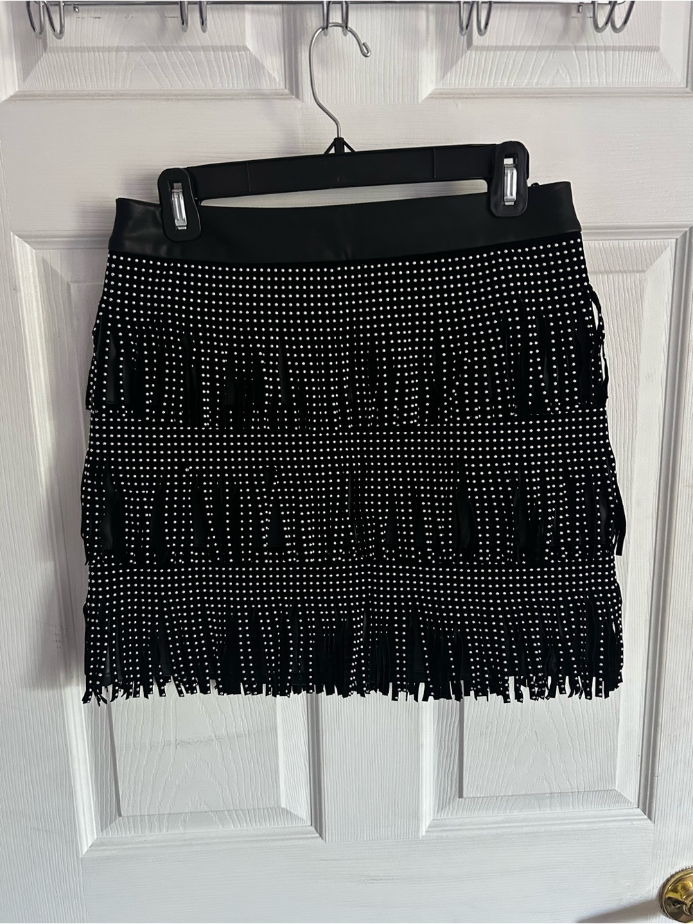 Sincerely Jules Black Studded Fringe Faux Leather Mini Skirt Size M